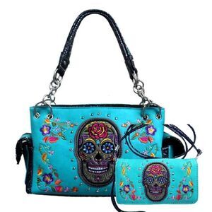 Women Turquoise Western Premium Concealed Skull Embroidery Handbag Set